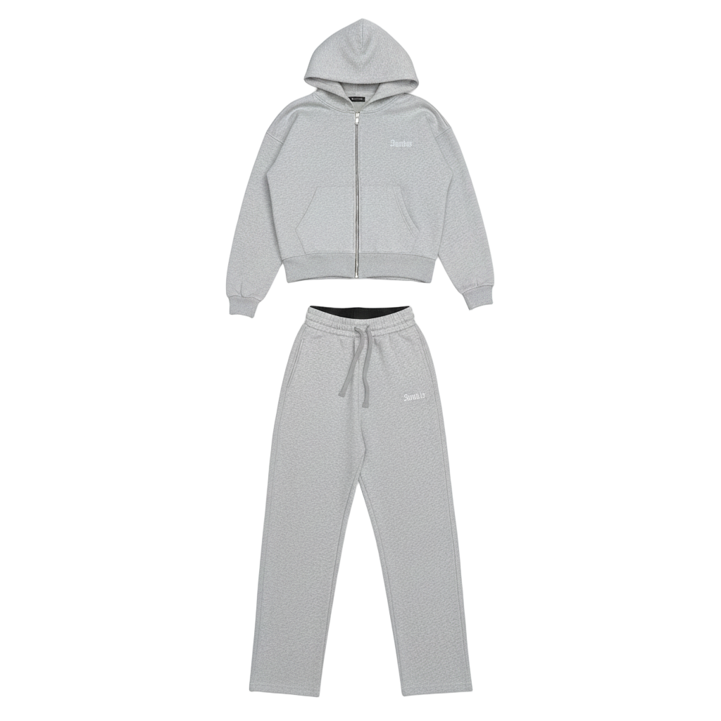 Gray hoodie and pants set on a white background